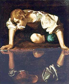Narcissus by Caravaggio depicts Narcissus gazing at his own reflection (public domain)  